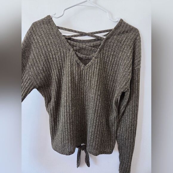 Green Ribknit Top Corset Tie Strappy Shirt Hippie Gypsy Casual Neutral Earthy - Picture 8 of 10